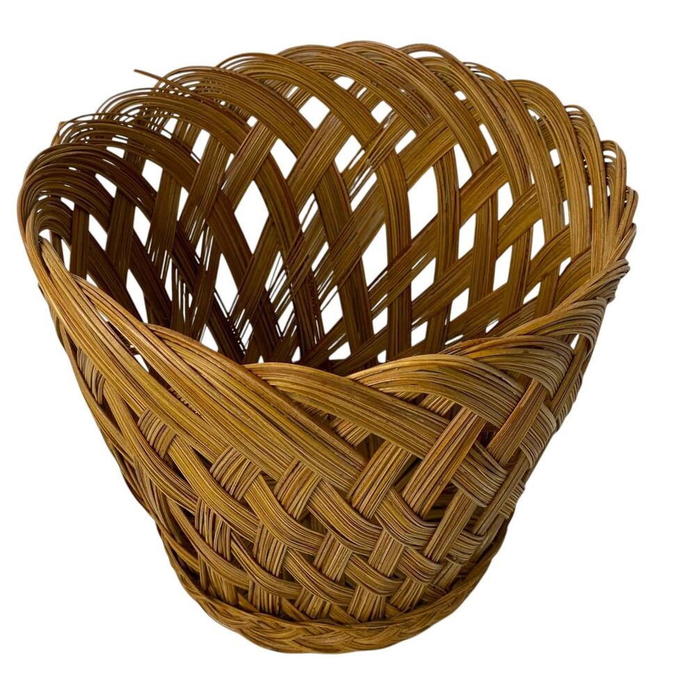 Vintage Wicker Rattan Planter or Wastebasket Tan